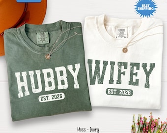 Comfort Colors® Wifey Hubby Shirt, Personalized Newlyweds Tee, Couples Honeymooning T-shirt, Matching Couples Gift, Wedding Anniversary Tee