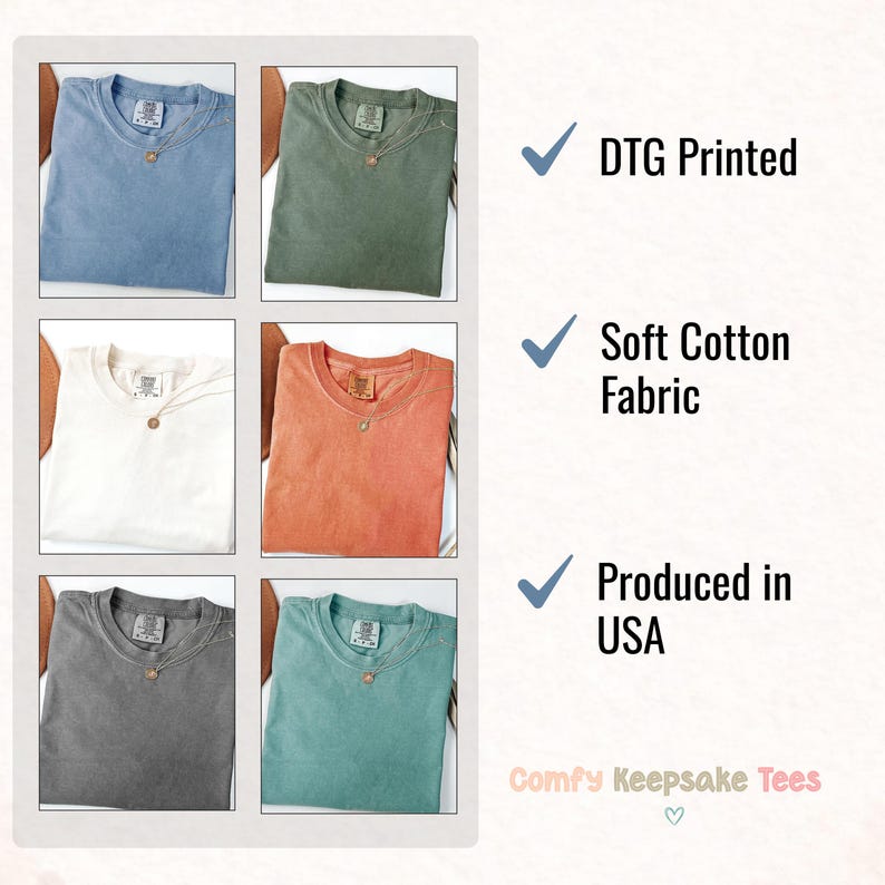 May include: A grid of six solid-color t-shirts in various colors: light blue, olive green, white, orange, gray, and teal. The shirts have a crew neck and a small pendant necklace. Text on the right says "DTG Printed", "Soft Cotton Fabric", and "Produced in USA".