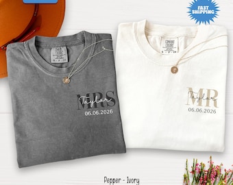 Comfort Colors® Mr and Mrs Shirt, Custom Wedding Date Shirt, Matching Honeymoon Gift, Bridal Party Shirts, Couple Wedding Morning Outfit