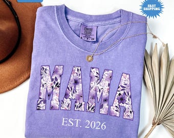 Comfort Colors® Personalized Mama Shirt, Floral Est 2026 Tshirt, Coquette Mom Tee, Custom New Mom Shirt, Pregnancy Reveal Gift for New Mom