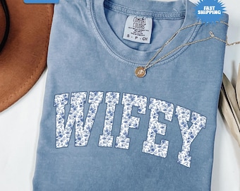 Comfort Colors® Wifey Shirt, Blue Toile Wifey T-shirt, New Wife Gift Fiance Shirt, Honeymoon Shirt, Gift For Wife, Just Married Shirt