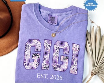 Custom Gigi Shirt, Comfort Colors® Floral Gigi Shirt, Grandma T-Shirt, Mothers Day Gift, Est Gigi Tee, Pregnancy Reveal Gift for New Mimi