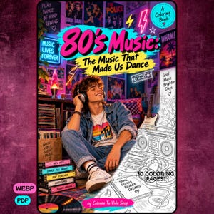 Puede incluir: Una portada de libro para colorear titulada 80's Music: The Music That Made Us Dance, con una persona usando auriculares y una chaqueta de mezclilla. El diseño incluye texto rosa neón, una pila de casetes, un disco de vinilo y arte lineal de un radiocasete.