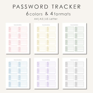 Ausdruckbarer Passwort-Tracker | Passwort-Protokoll & -Organizer | 6 Farben, 4 Formate | Sofortiger PDF-Download