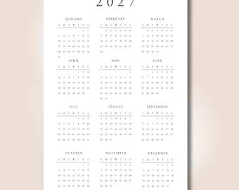 2027 Yearly Calendar Printable, Simple Classic Minimalist Design, One Page Year at a Glance