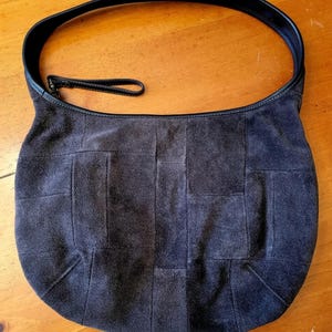 Vintage Y2K Chocolate Brown Pieced Suede Hobo Bag 90s 2000s Patchwork Shoulder Purse Genuine Leather Trim Zip Closure