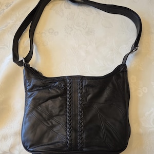 Vintage 90s Haband Black Patch Leather Hobo Shoulder Bag Y2K Quilted Zip Purse