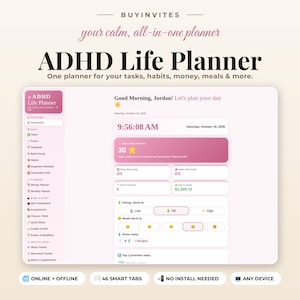 May include: A digital ADHD Life Planner interface with a pink sidebar and white dashboard. Text includes 'Good Morning, Jordan!', 'Dopamine Points', and various task trackers. Features include online and offline access, 46 smart tabs, and device compatibility.