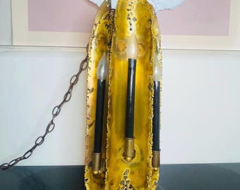 Mid Century Tom Greene Feldman Brutalist Torch Cut Brass Chandelier 24”