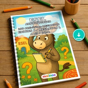 Libro de actividades del burro para niños – 100 páginas de puzles y actividades – Descarga en PDF E1/B1 (DIN-A4) – Regalo, actividades, calendario de adviento imagen 1