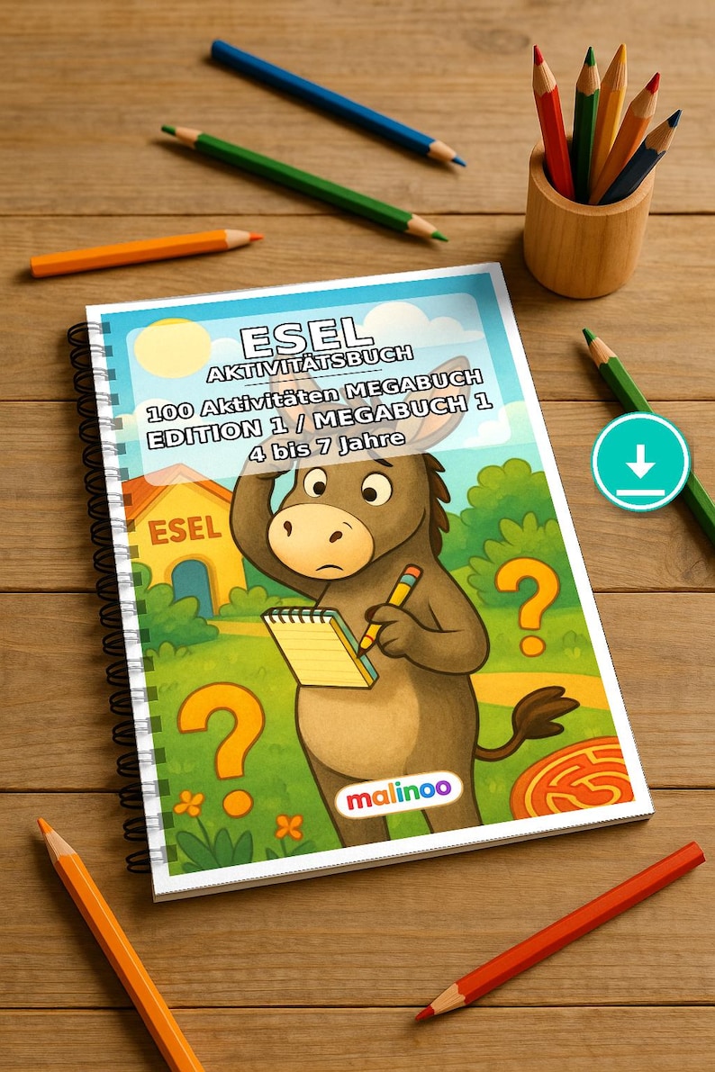 Libro de actividades del burro para niños – 100 páginas de puzles y actividades – Descarga en PDF E1/B1 (DIN-A4) – Regalo, actividades, calendario de adviento imagen 1