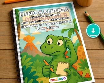 Książka z zadaniami dla dzieci o dinozaurach – 100 stron z łamigłówkami i zadaniami – Pobierz PDF E1/B1 (DIN-A4) – Prezent, zadania