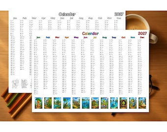 Dinosaurs Calendar 2027 Printable, Coloring & Colored, PDF Download