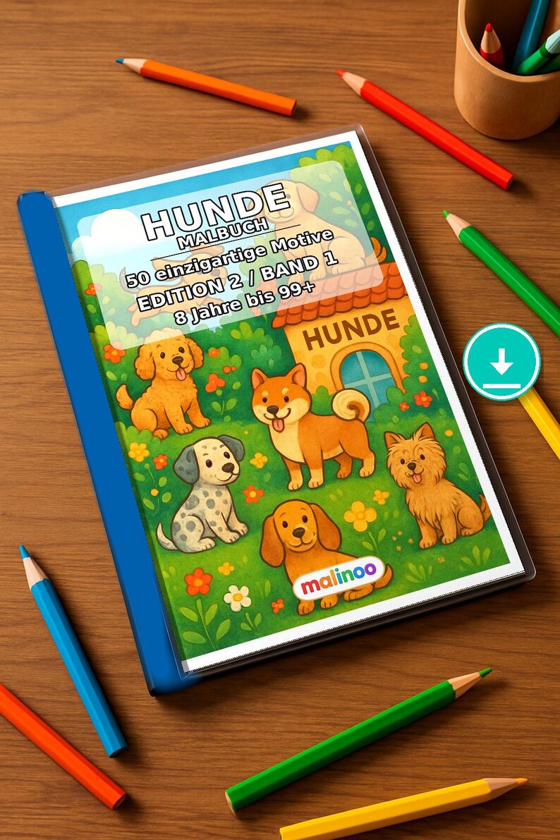 Livre de coloriage de chiens pour enfants – 50 pages à colorier – Téléchargement PDF E1/B1 (DIN-A4) – Cadeau, activité de voyage, anniversaire, pour s'occuper. image 1