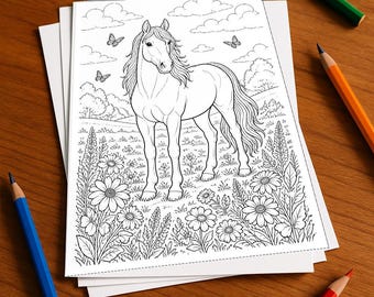 Pferde Malbuch Kinder – 100 Ausmalbilder – gedruckt+lose E1/B3 (DIN-A4) – Geschenk, Beschäftigung, Adventskalender, Geburtstag