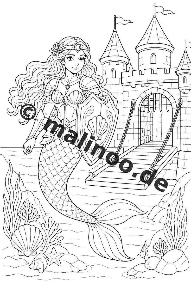 Livre de coloriage de sirènes pour enfants – 100 pages à colorier – Téléchargement PDF E1/B6 (DIN-A4) – Cadeau, activité, calendrier de l'Avent, anniversaire image 6