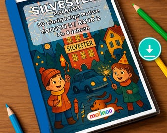 Può includere: Un libro da colorare intitolato SILVESTER MALBUCH con il testo 50 einzigartige Motive EDITION 5 / BAND 2 Ab 6 Jahren. La copertina mostra una scena notturna con due bambini, un cane, fuochi d'artificio, un'auto ed edifici. Il logo malinoo è visibile.