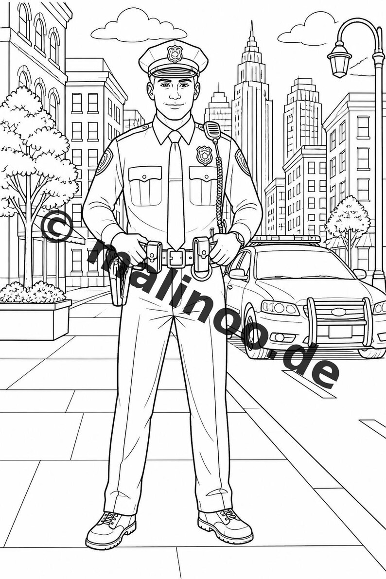 Livre de coloriage Police pour enfants – 50 pages à colorier – Téléchargement PDF E1/B3 (DIN-A4) – Cadeau, activité de voyage, anniversaire, loisirs image 3
