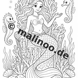 Livre de coloriage de sirènes pour enfants – 100 pages à colorier – Téléchargement PDF E1/B6 (DIN-A4) – Cadeau, activité, calendrier de l'Avent, anniversaire image 3