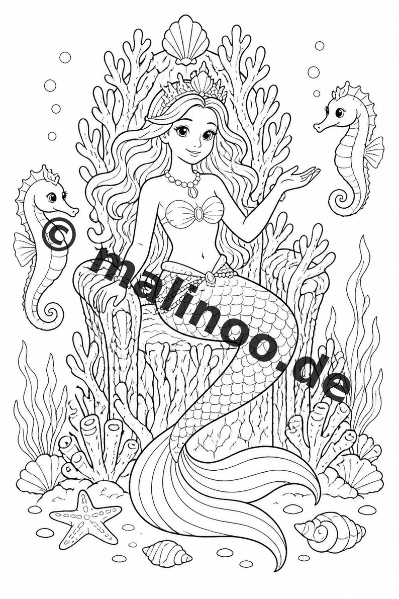 Livre de coloriage de sirènes pour enfants – 100 pages à colorier – Téléchargement PDF E1/B6 (DIN-A4) – Cadeau, activité, calendrier de l'Avent, anniversaire image 3