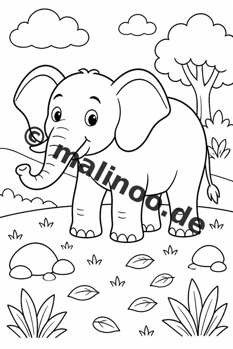 Elephant coloring book as a PDF for ages 3 and up – 100 pictures to color – printable template for home use, unlimited prints E2 image 3