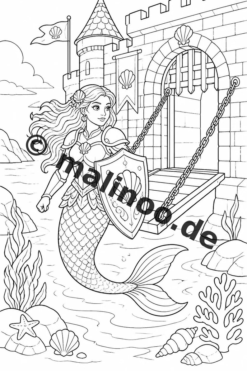 Meerjungfrauen Malbuch Kinder – 100 Ausmalbilder – PDF Download E1/B5 (DIN-A4) – Geschenk, Beschäftigung, Adventskalender, Geburtstag Bild 6