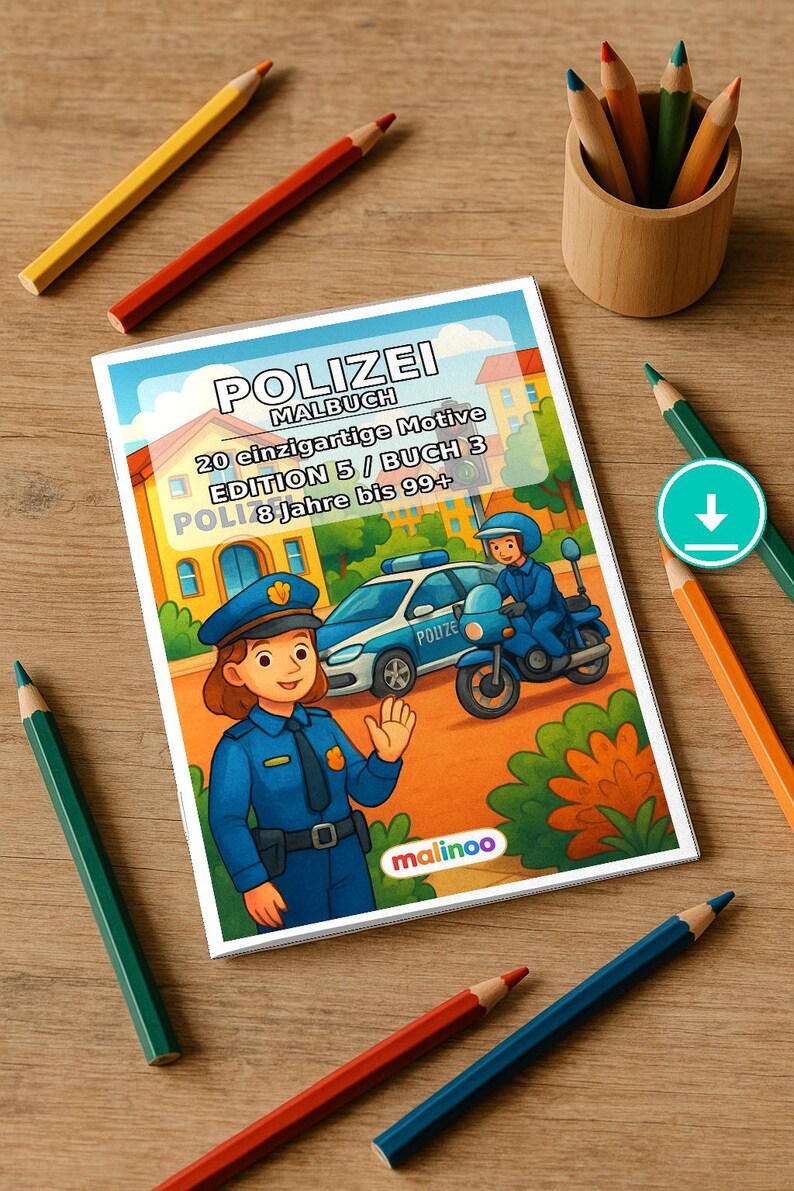 Police Coloring Book for Kids – 20 Coloring Pages – PDF Download E1/B3 (DIN-A4) – Party Favor, Gift, Children's Birthday Party, Party Favor image 1