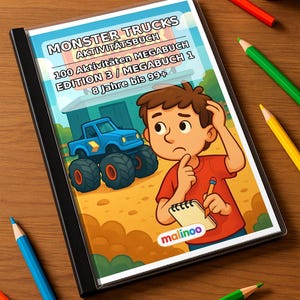 Monster Trucks Activity Book for Children – 100 Puzzle & Activity Pages – Bound or Loose, Edition 03 (DIN A4) – Gift, Activity image 1