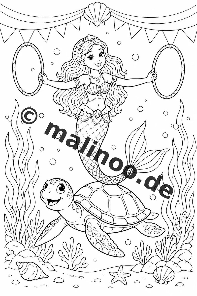 Livre de coloriage de sirènes pour enfants – 100 pages à colorier – Téléchargement PDF E1/B6 (DIN-A4) – Cadeau, activité, calendrier de l'Avent, anniversaire image 8