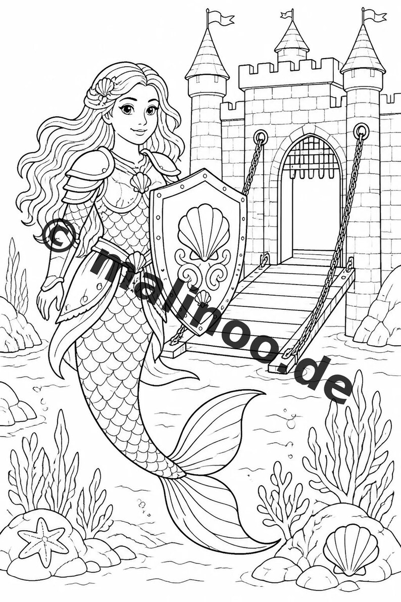 Livre de coloriage de sirènes pour enfants – 100 pages à colorier – Téléchargement PDF E1/B3 (DIN-A4) – Cadeau, activité, calendrier de l'Avent, anniversaire image 6