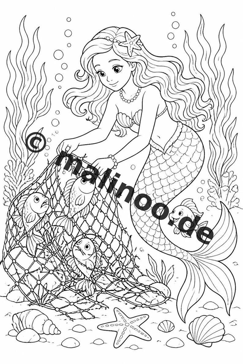 Livre de coloriage de sirènes pour enfants – 100 pages à colorier – Téléchargement PDF E1/B6 (DIN-A4) – Cadeau, activité, calendrier de l'Avent, anniversaire image 5