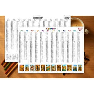 May include: A 2027 wall calendar featuring a grid layout with months labelled in colourful text. Each month column includes numbered days and a small, detailed illustration at the bottom depicting ancient Egyptian scenes, pyramids, and statues.
