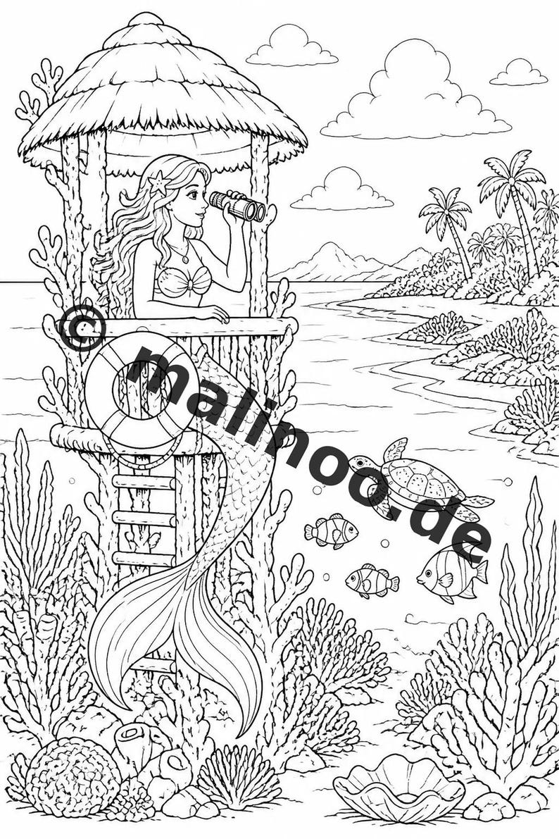 Livre de coloriage de sirènes pour enfants – 100 pages à colorier – Téléchargement PDF E1/B6 (DIN-A4) – Cadeau, activité, calendrier de l'Avent, anniversaire image 9