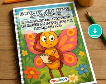 Livre d'activités sur les papillons pour enfants – 100 pages de jeux et d'activités – Téléchargement PDF E1/B1 (DIN-A4) – Cadeau, Activités