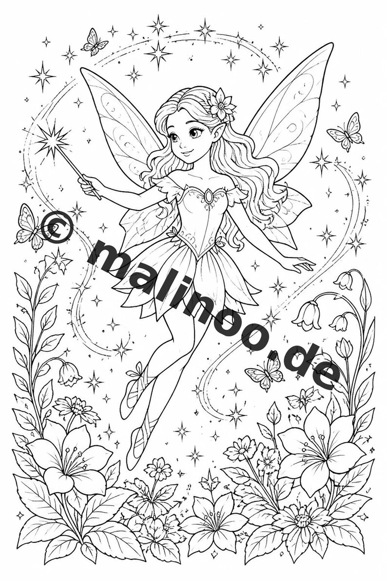 Fairy Coloring Book for Children – 50 Coloring Pages – PDF Download E1/B1 (DIN-A4) – Gift, Travel Activity, Birthday, Activity image 12