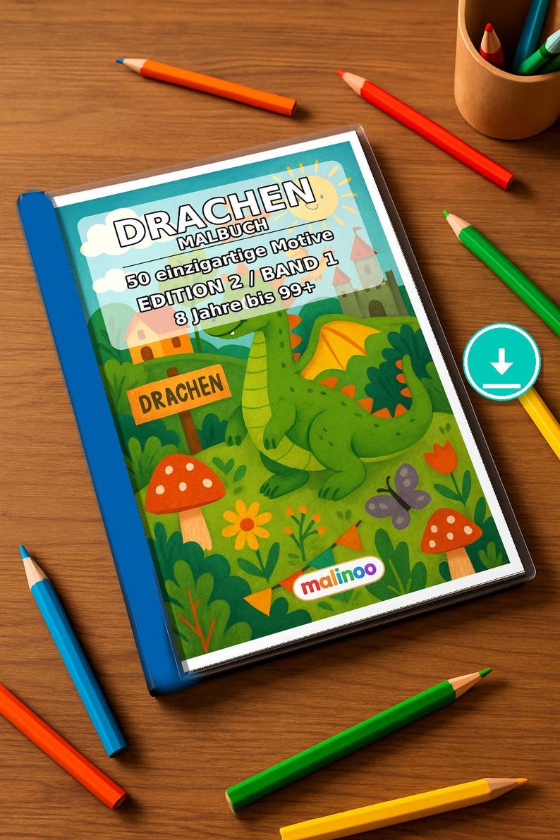 Libro da colorare di draghi per bambini – 50 pagine da colorare – Download PDF E1/B1 (DIN-A4) – Regalo, Attività da viaggio, Compleanno, Attività immagine 1