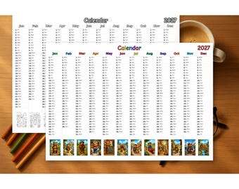 Bears Calendar 2027 Printable, Coloring & Colored, PDF Download
