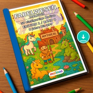 May include: A colouring book titled FABELWESEN MALBUCH with a blue spine, featuring a cartoon illustration of a unicorn, a gnome, and a dragon in front of a castle. The cover text reads 50 einzigartige Motive, EDITION 1 / BAND 4, 8 Jahre bis 99+, and MYTHICAL.