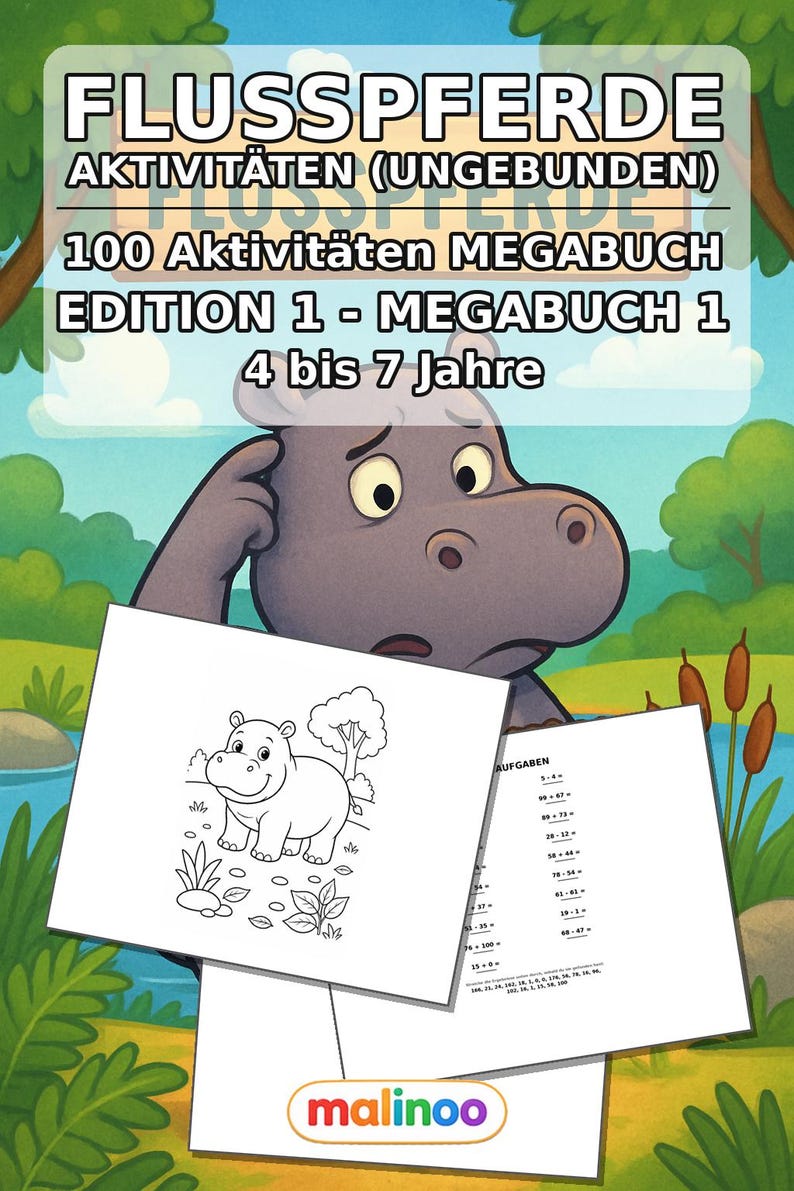 Libro de actividades de hipopótamos para niños – 100 páginas de rompecabezas y actividades – Impreso + hojas sueltas E1/B1 (DIN A4) – Regalo, Actividad imagen 2