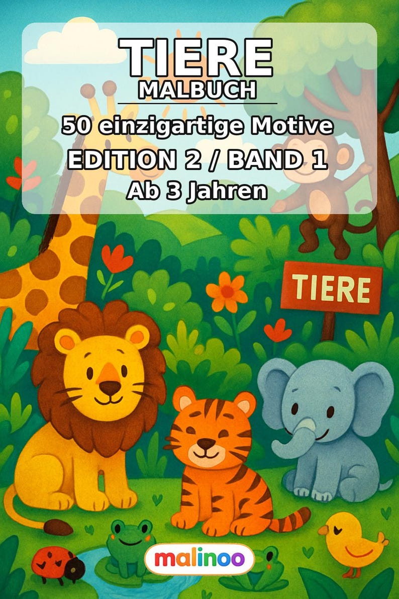 Dierenkleurboek voor kinderen – 50 kleurplaten – PDF-download E1/B1 (DIN-A4) – Cadeau, reisactiviteit, verjaardag, knutselactiviteit afbeelding 2