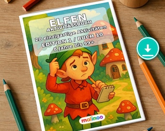 以下が含まれることがあります： ELFEN AKTIVITÄTSBUCHというタイトルの長方形のアクティビティブック。森の中でメモ帳を持つエルフのイラストが描かれています。表紙には「20 einzigartige Aktivitäten EDITION 1 / BUCH 10 8 Jahre bis 99+」というテキストとmalinooのロゴが記載されています。