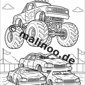 Monster Trucks Activiteitenboek voor Kinderen – 100 Puzzel- en Activiteitenpagina's – Gedrukt + Losse pagina's E1/B1 (DIN A4) – Cadeau, Activiteitenboek afbeelding 3