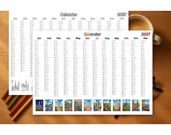 Calendario europeo 2027 para imprimir, colorear y con ilustraciones en PDF.