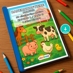 Libro para colorear de animales de granja para niños – 50 páginas para colorear – Descarga en PDF E1/B3 (DIN-A4) – Regalo, actividad de viaje, cumpleaños, actividad imagen 1