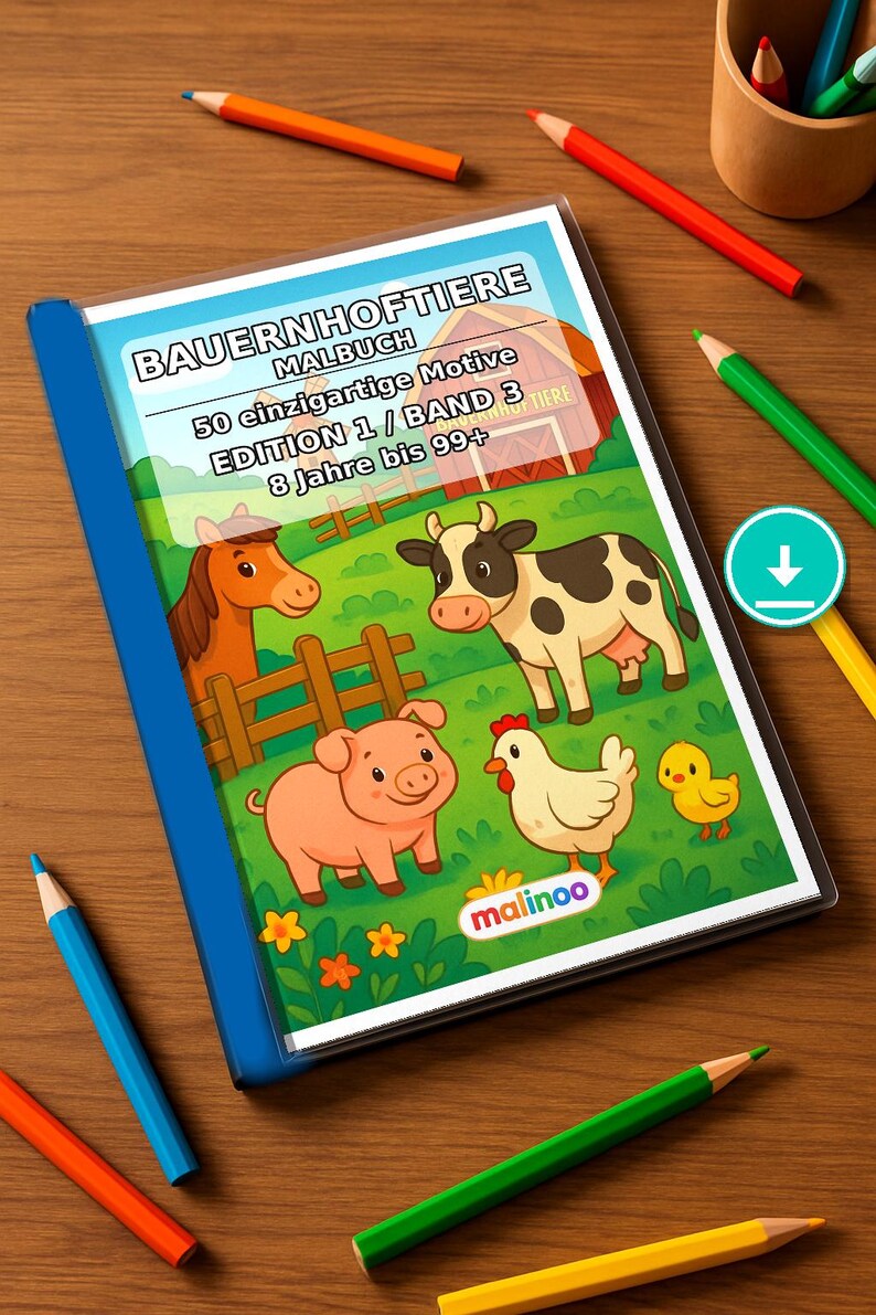 Libro para colorear de animales de granja para niños – 50 páginas para colorear – Descarga en PDF E1/B3 (DIN-A4) – Regalo, actividad de viaje, cumpleaños, actividad imagen 1