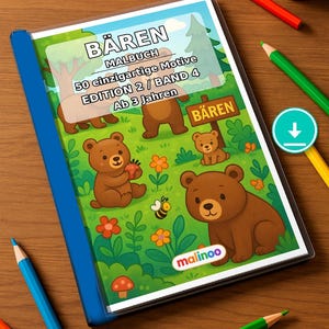 Op de afbeelding: Een kleurboek getiteld BÄREN MALBUCH met een blauwe rug, voorzien van een cartoonillustratie van bruine beren in een bos met bloemen, paddenstoelen en een bij. De tekst op de kaft bevat 50 einzigartige Motive, EDITION 2 / BAND 4, Ab 3 Jahren en malinoo.