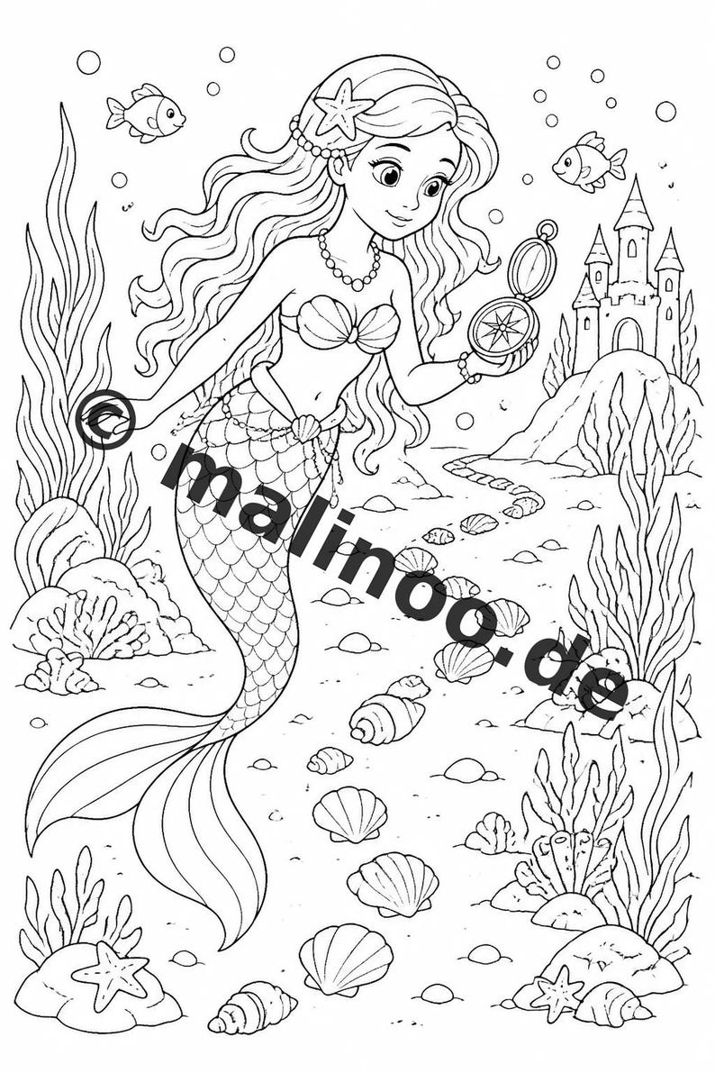 Livre de coloriage de sirènes pour enfants – 100 pages à colorier – Téléchargement PDF E1/B3 (DIN-A4) – Cadeau, activité, calendrier de l'Avent, anniversaire image 11