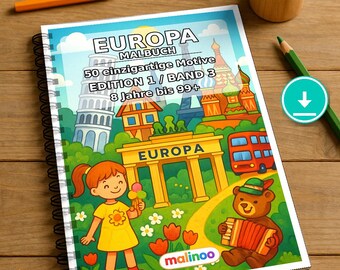 Libro para colorear de Europa en formato PDF (descarga digital): 50 páginas para colorear para niños – Volumen 3, Edición 1 (DIN-A4)