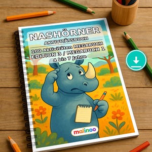 Rhinoceros Activity Book for Children – 100 Puzzle and Activity Pages – PDF Download E1/B1 (DIN-A4) – Gift, Activity, Advent Calendar image 1