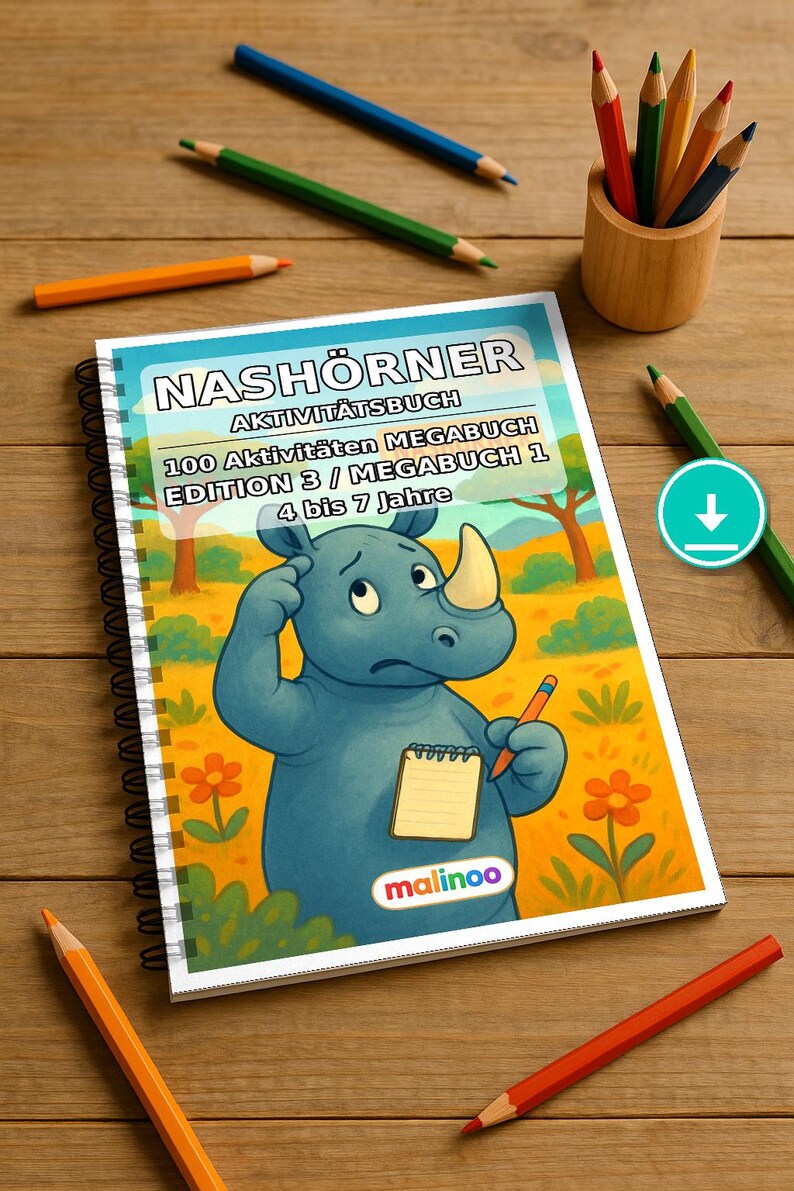 Rhinoceros Activity Book for Children – 100 Puzzle and Activity Pages – PDF Download E1/B1 (DIN-A4) – Gift, Activity, Advent Calendar image 1